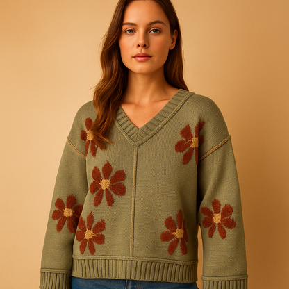 Floral knit V-neck sweater for women in green with relaxed silhouette, wide sleeves, and ribbed edges, perfect for casual outfits, school, or parties.