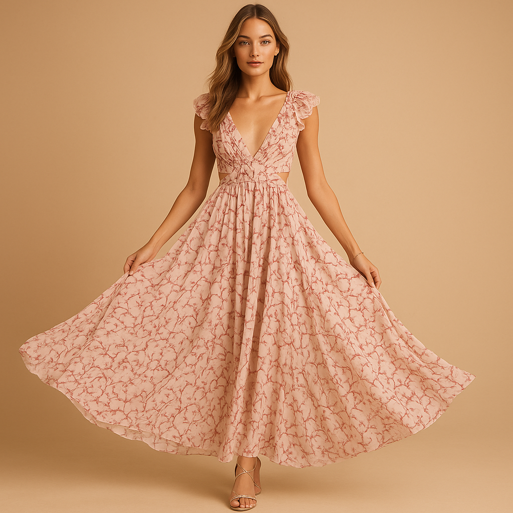 Beautiful Long Sleeve V Neck Ruffle Dress for Women - Nocini