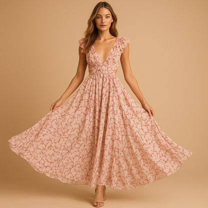 Beautiful Long Sleeve V Neck Ruffle Dress for Women - Nocini