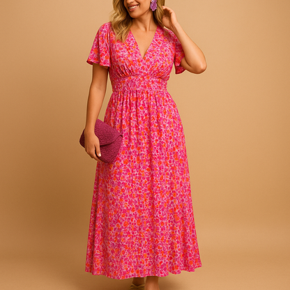 Floral maxi summer dress for women with V-neckline and flowy fit, ideal for warm days, breezy evenings, casual outings, and chic summer occasions.