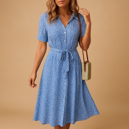 Women’s floral midi dress with short sleeves and flattering fit, perfect for summer parties, casual outings, or relaxed terrace days.