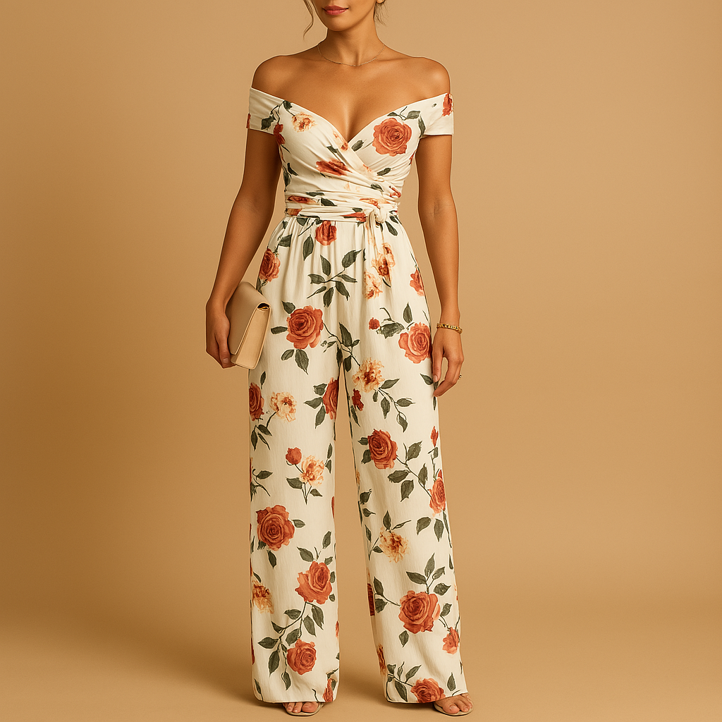 Floral off-shoulder jumpsuit for women with tailored waist and soft fabric, perfect for weddings, parties, and summer occasions.