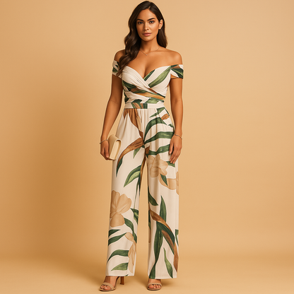 Floral off-shoulder jumpsuit for women with tailored waist and soft fabric, perfect for weddings, parties, and summer occasions.