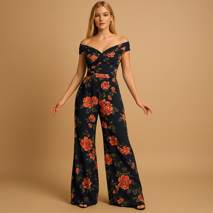 Floral off-shoulder jumpsuit for women with tailored waist and vibrant print, perfect for weddings, parties, and elegant summer occasions.