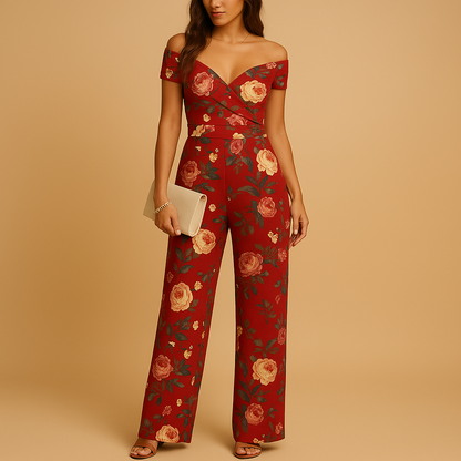 Floral off-shoulder jumpsuit for women with tailored waist and vibrant print, perfect for weddings, parties, and elegant summer occasions.
