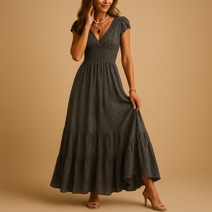 Elegant women’s floral maxi dress with ruffled collar and flattering fit, perfect for parties, dinners, and everyday elegance.