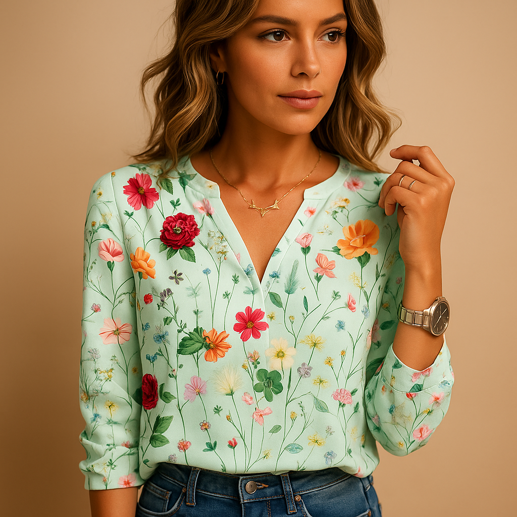 Floral V-neck blouse for women with long sleeves and a comfortable airy fit, suitable for casual outfits, workwear, and chic everyday looks.
