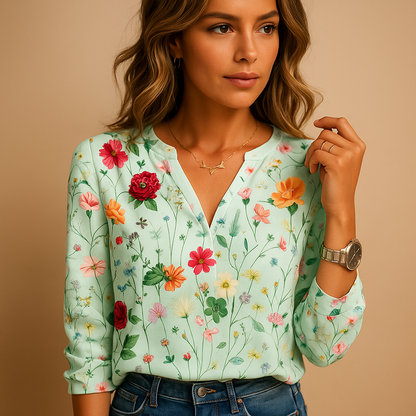 Floral V-neck blouse for women with long sleeves and a comfortable airy fit, suitable for casual outfits, workwear, and chic everyday looks.
