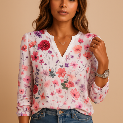 Elegant floral V-neck blouse for women in white, purple, green, and blue, perfect for both casual days and chic occasions.