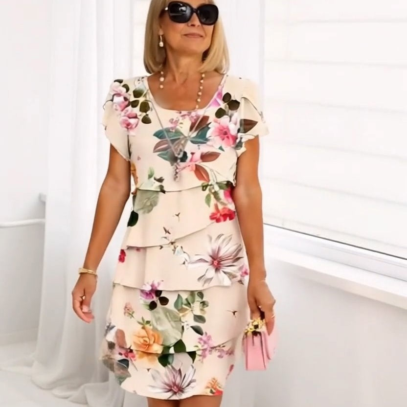Floral waterfall summer dress with adjustable straps – Leona-Beige-S-Nora Luxe