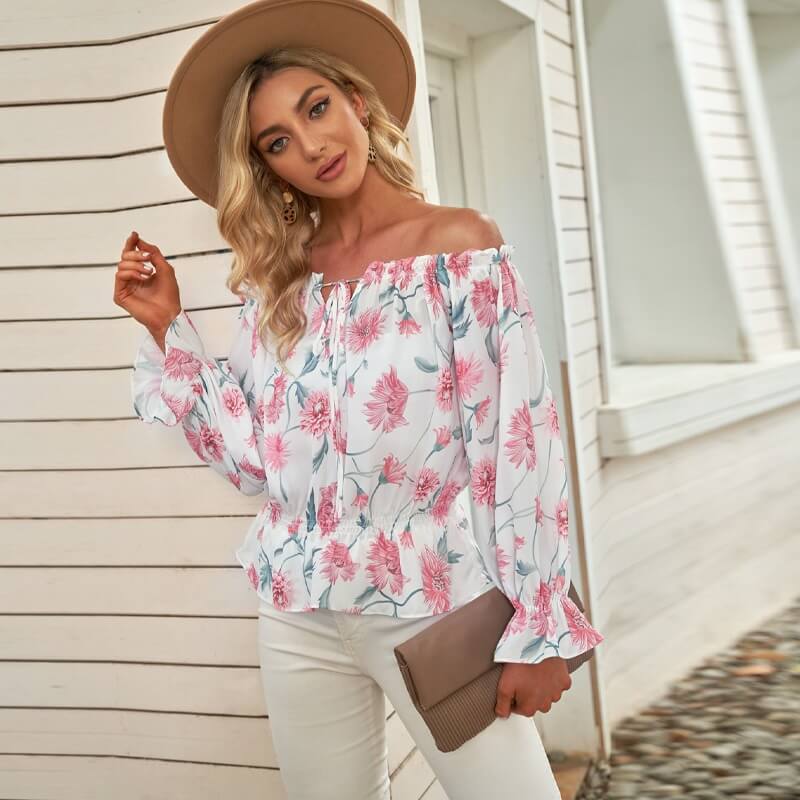 Floral Women's Chiffon Blouse with Ruffled Sleeves - Elvira-Beige-S-Nora Luxe
