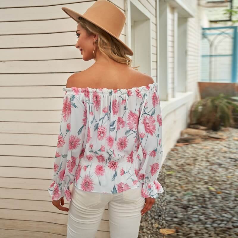 Floral Women's Chiffon Blouse with Ruffled Sleeves - Elvira-Beige-S-Nora Luxe