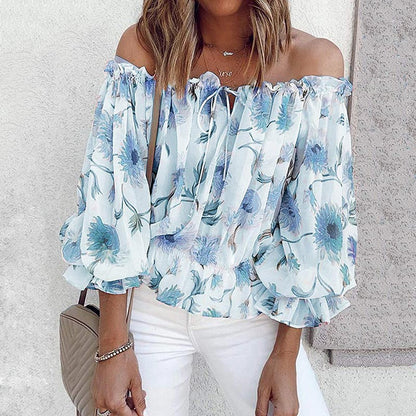 Floral Women's Chiffon Blouse with Ruffled Sleeves - Elvira-Blue-S-Nora Luxe