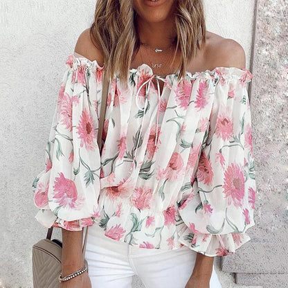 Floral Women's Chiffon Blouse with Ruffled Sleeves - Elvira-White-S-Nora Luxe