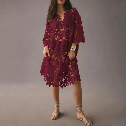 Flowered Midi Dress with Eyelet Lacing – Maelis-Burgundy red-State of Style