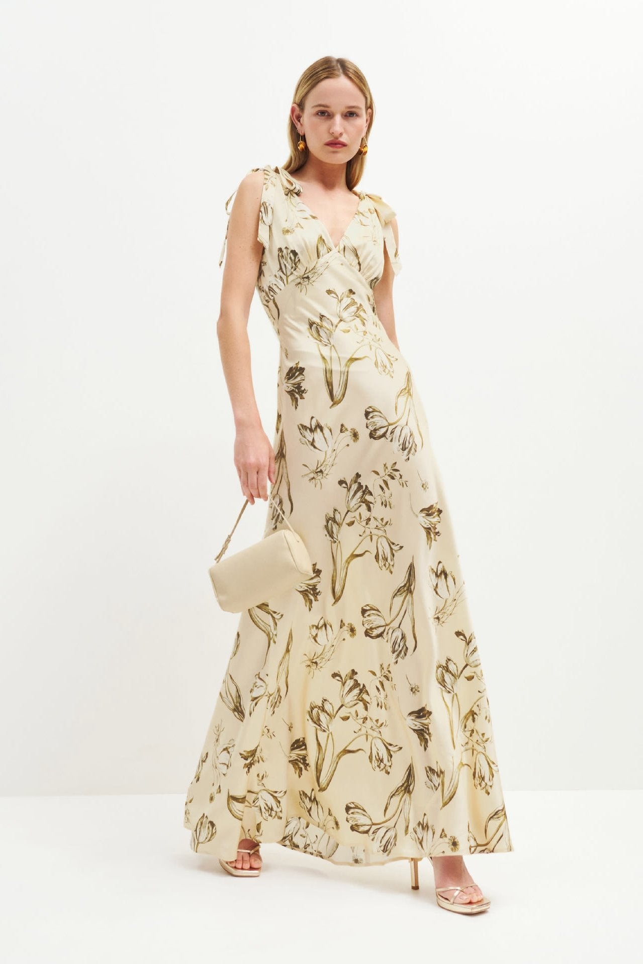 Elegant Long Beige Dress with Button Front - Pexav