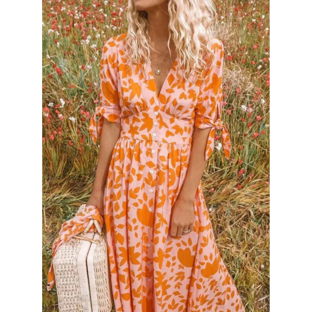 Elegant Long Dress with V Neck and Bell Sleeves - Pexav