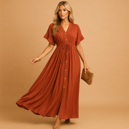 Flowy beach dress for women in soft orange cotton blend, perfect for wearing over swimwear or for a relaxed summer look.
