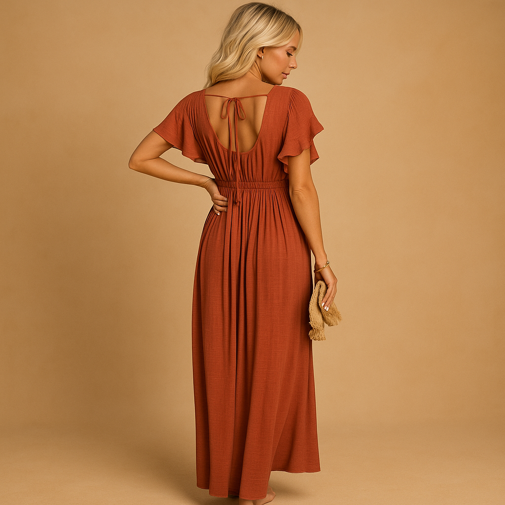 Flowy beach dress for women in soft orange cotton blend, perfect for wearing over swimwear or for a relaxed summer look.