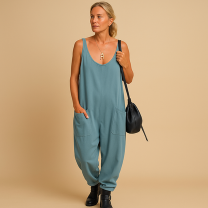 Women’s flowy summer jumpsuit with loose fit and lightweight fabric, available in multiple vibrant colors, perfect for casual and warm weather wear.