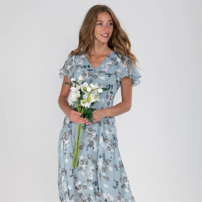Flutter Sleeve Maxi Dress with Floral Print - Miranda-Light blue-S-Nora Luxe