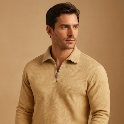Men’s geometric quarter-zip polo sweater with a soft fabric and modern fit, ideal for stylish autumn and winter outfits.
