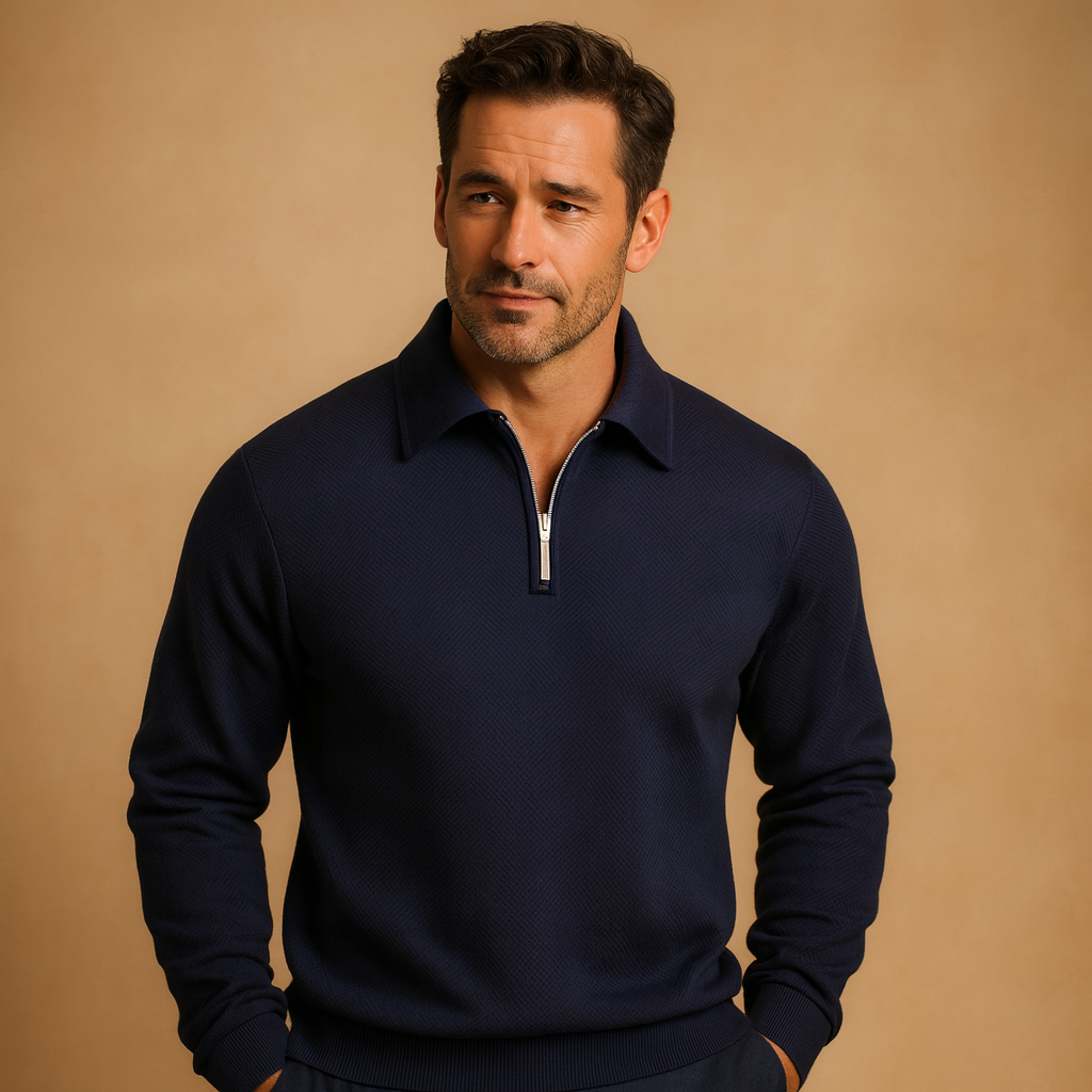 Men’s geometric quarter-zip polo sweater with a soft fabric and modern fit, ideal for stylish autumn and winter outfits.