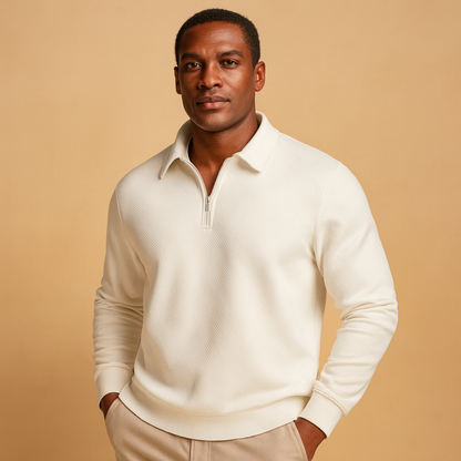 Men’s geometric quarter-zip polo sweater with a soft fabric and modern fit, ideal for stylish autumn and winter outfits.