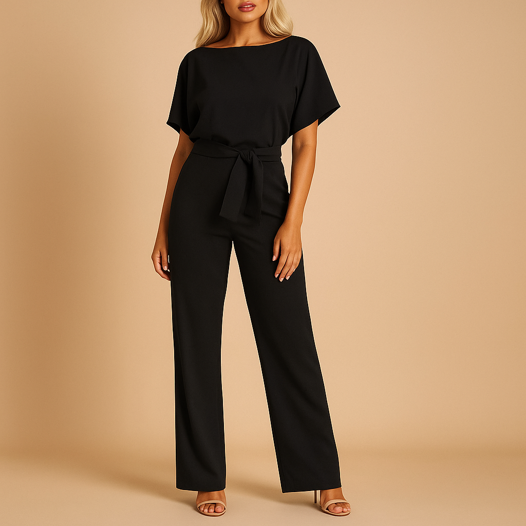 Women’s glitter halter jumpsuit with open back and flared legs, ideal for parties, galas, and elegant festive events.