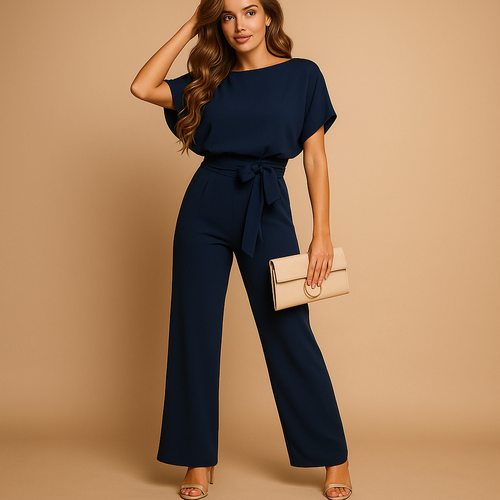 Women’s glitter halter jumpsuit with open back and flared legs, ideal for parties, galas, and elegant festive events.
