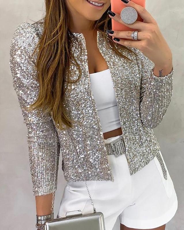 Glittering Open Front Sequin Women's Cardigan Jacket
