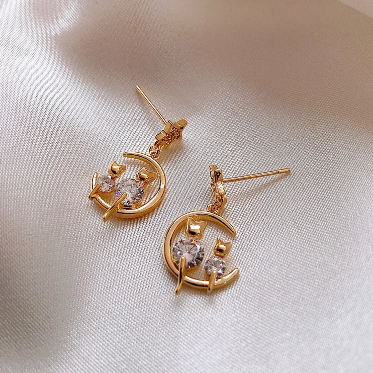 Gold Cat Ear Earrings with Zirconia - Feline-Nora Luxe