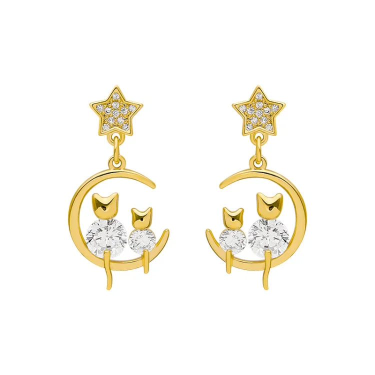 Sparkly Kitty Ear Stud Earrings with Gems - Pexav