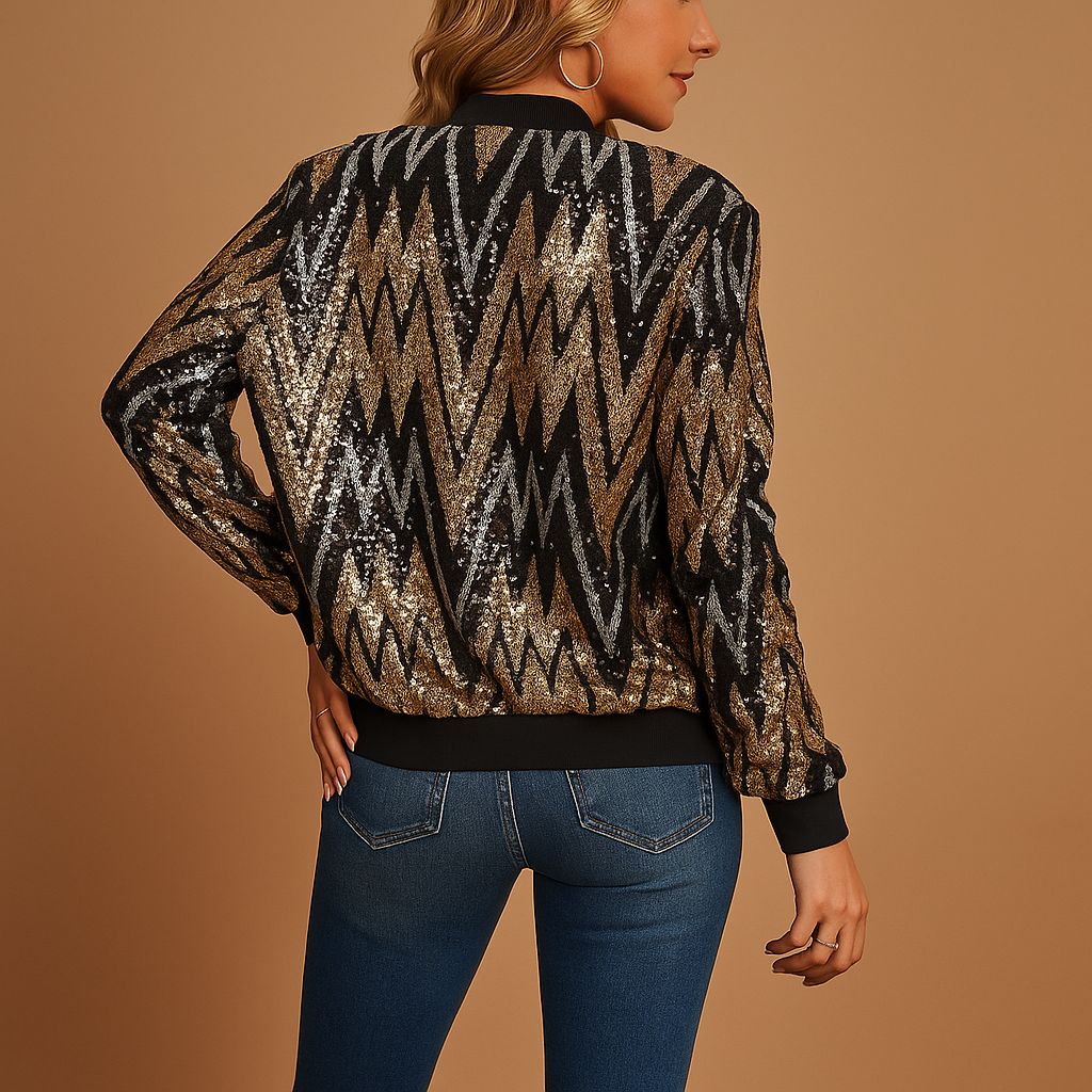 Women’s gold statement jacket with a tailored fit, structured design, collar, and pockets, ideal for parties and semi-formal occasions.