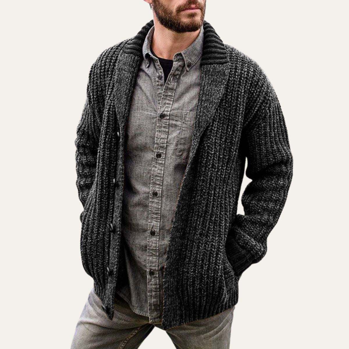 Thick Knit Crew Neck Men's Cardigan Sweater