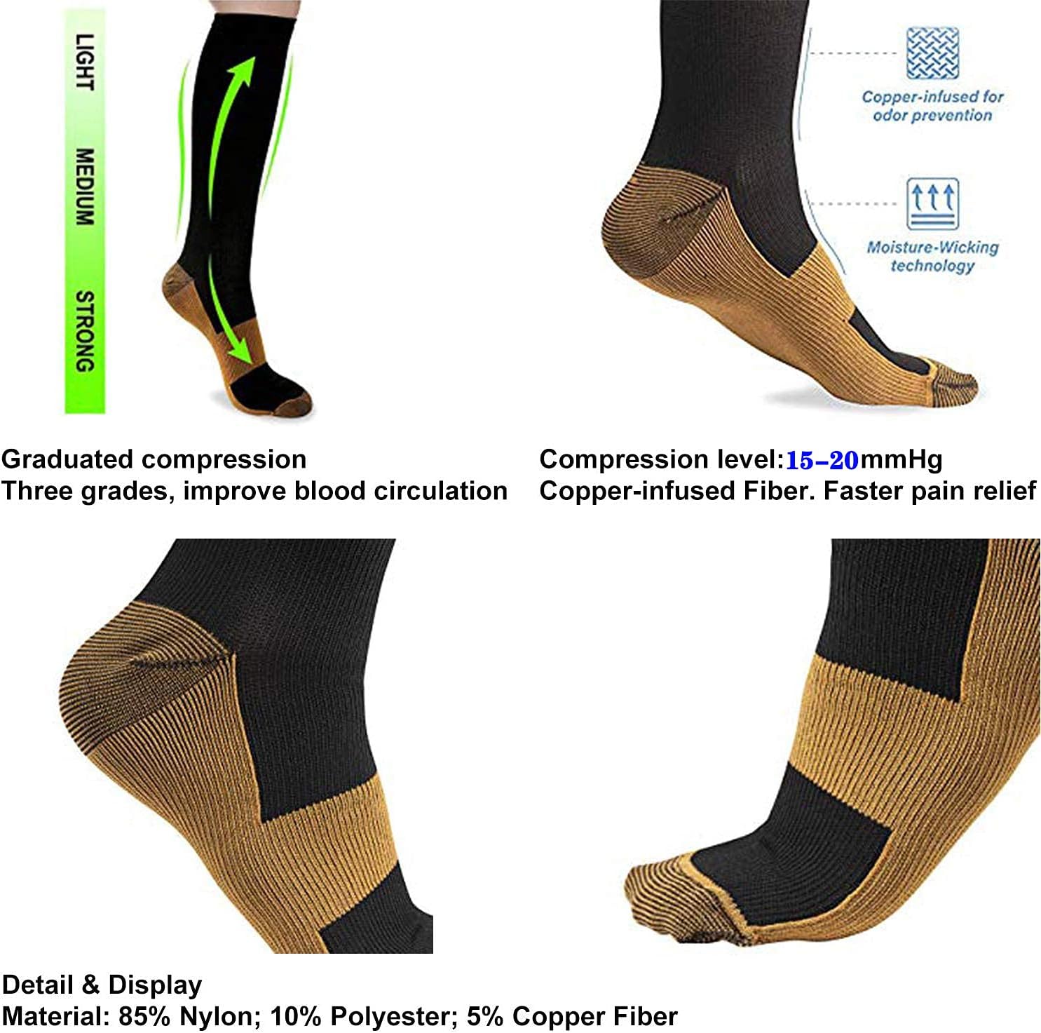 Gradual Compression Copper Socks 15-20mmHg (8 Pairs) - StepRelief-Black 1-S-M-Nora Luxe