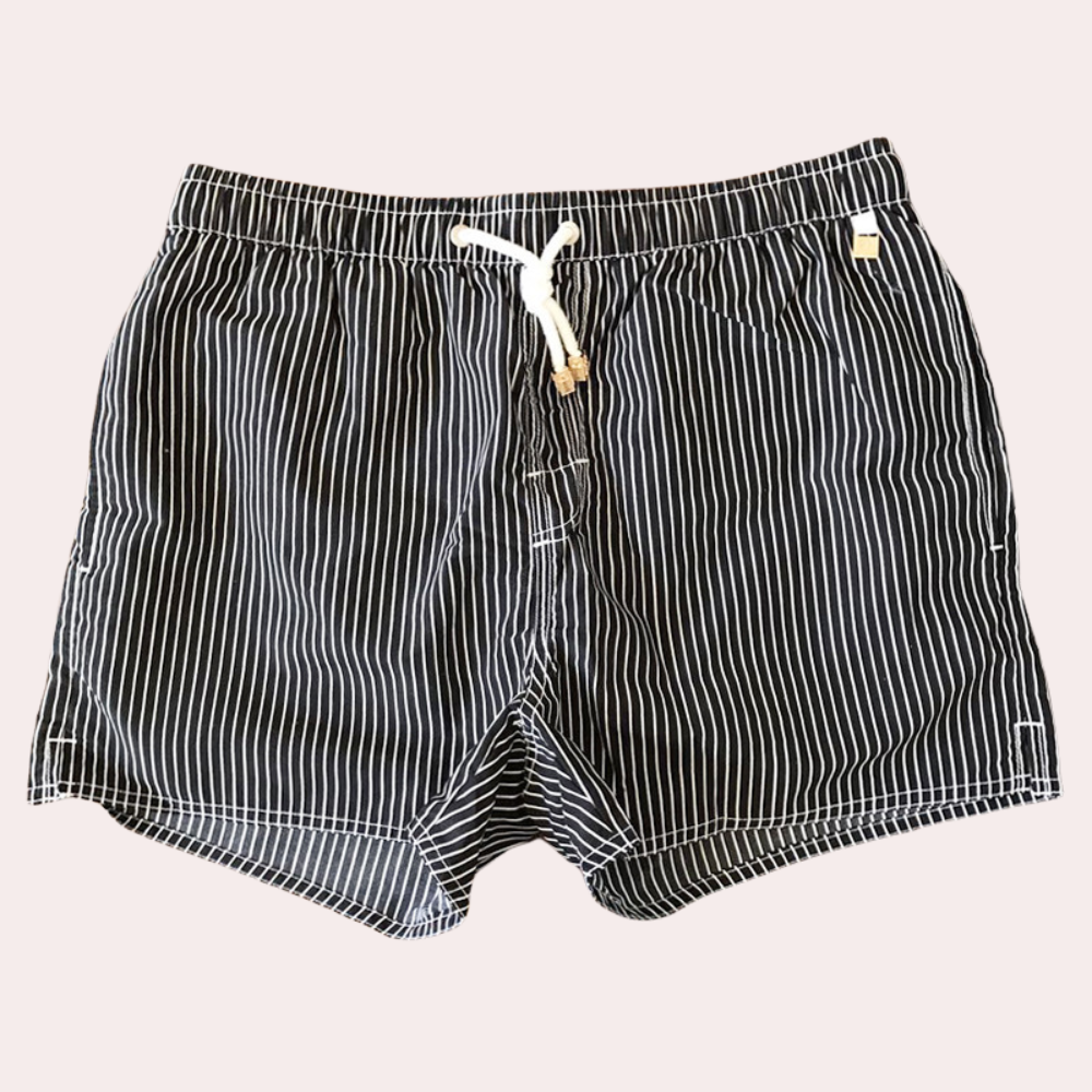Navy Blue Striped Beach Swim Shorts for Men - Olytrend