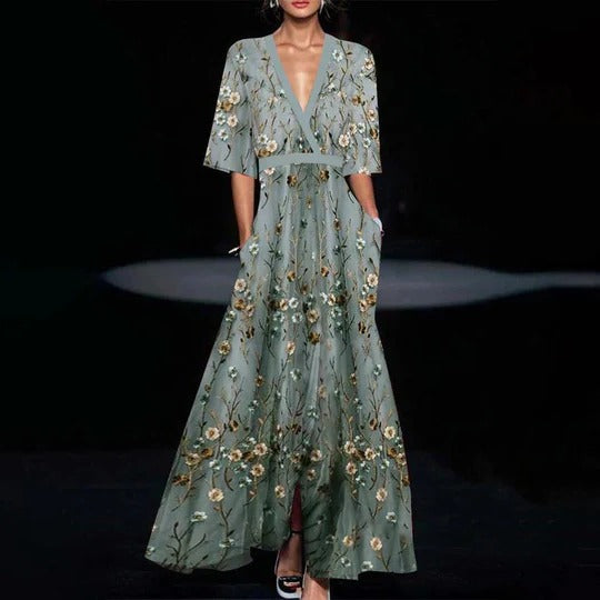 Elegant Midi Dress with Short Sleeves - Pexav