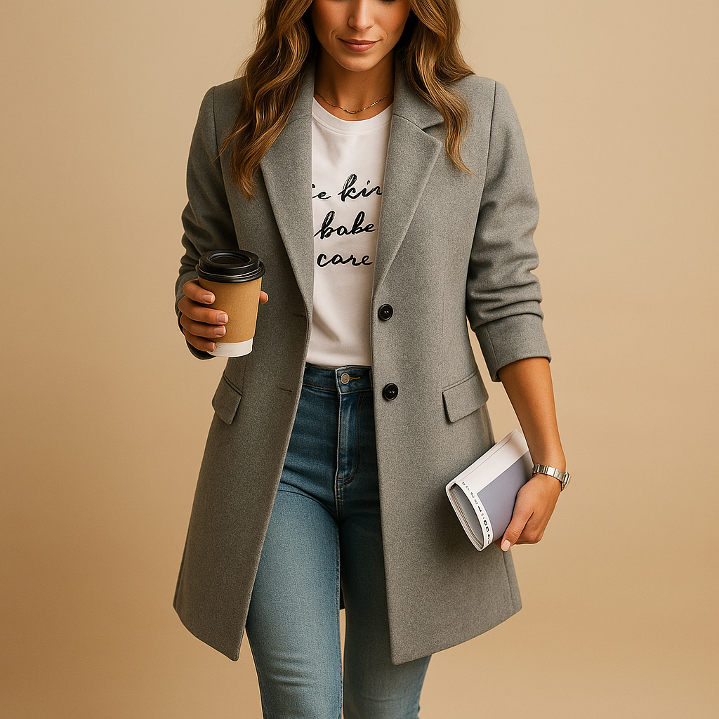 Women’s half-length winter coat with tailored fit and refined details, available in black, camel, and navy. Perfect for stylish winter looks.