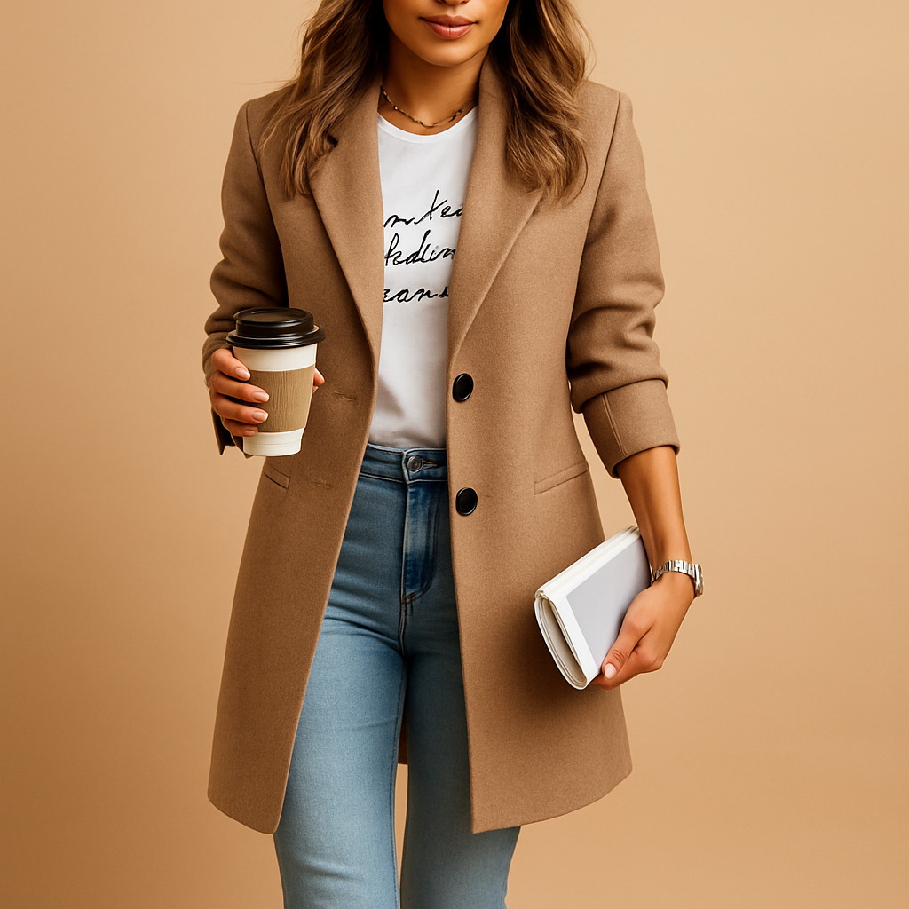 Women’s half-length winter coat with tailored fit and refined details, available in black, camel, and navy. Perfect for stylish winter looks.