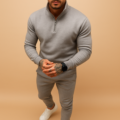 Modern half zip sweatshirt and jogger set for men, perfect for workouts, lounging, or stylish casual wear.