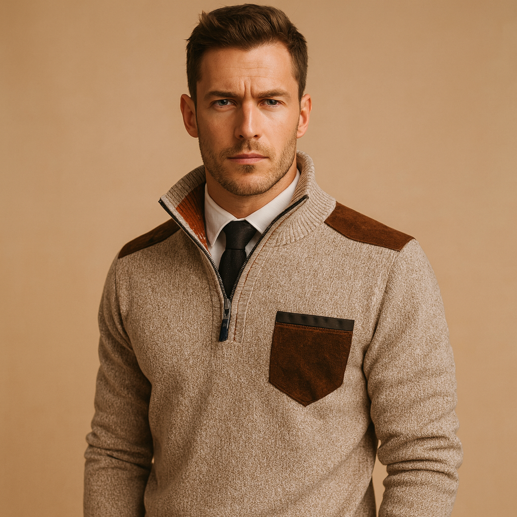 Men’s half-zip pullover sweater with an adjustable collar and chest pocket, ideal for work, leisure, and everyday wear in autumn and winter.