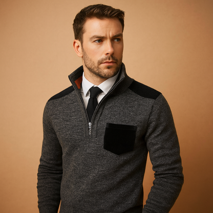 Men’s half-zip pullover sweater with an adjustable collar and chest pocket, ideal for work, leisure, and everyday wear in autumn and winter.
