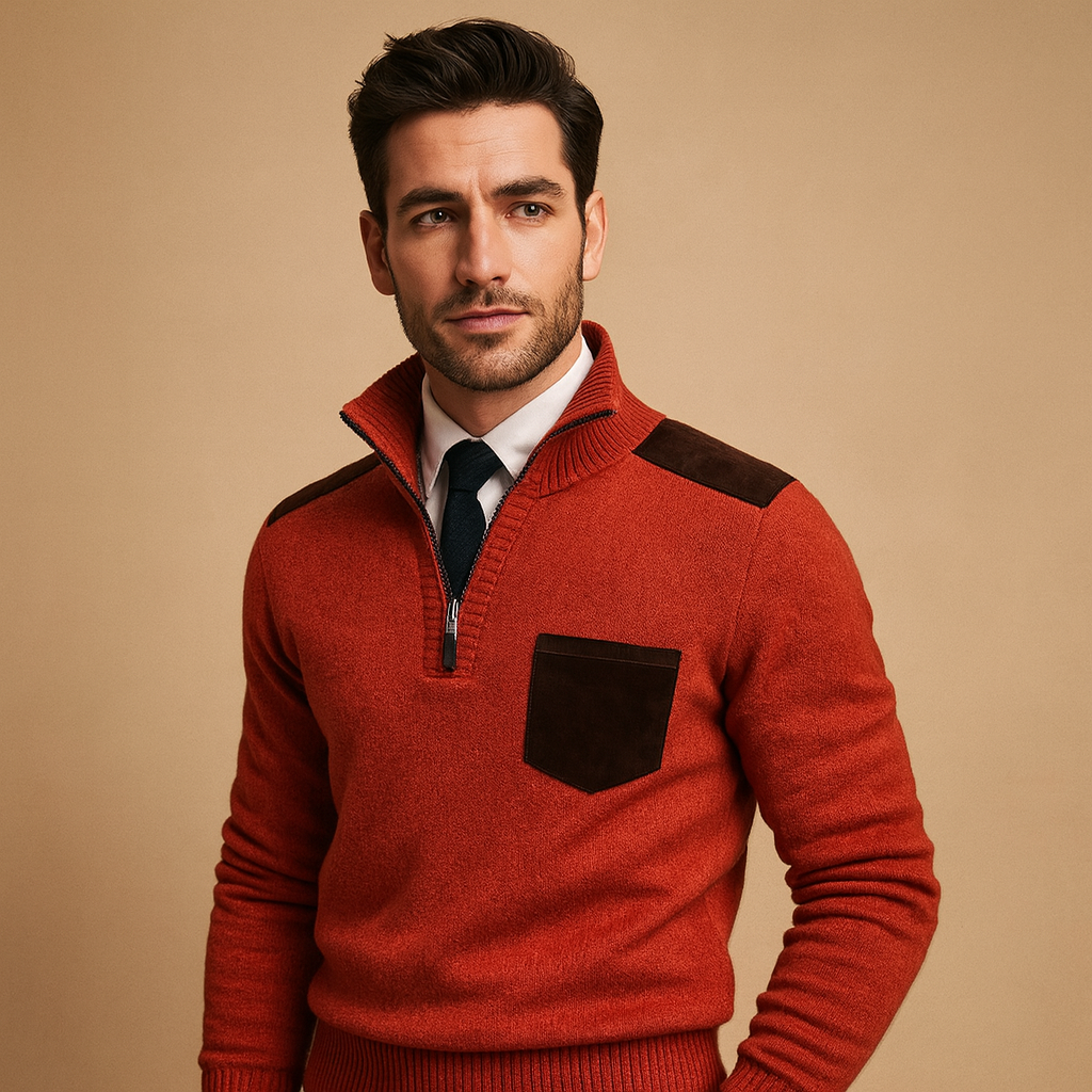 Men’s half-zip pullover sweater with an adjustable collar and chest pocket, ideal for work, leisure, and everyday wear in autumn and winter.
