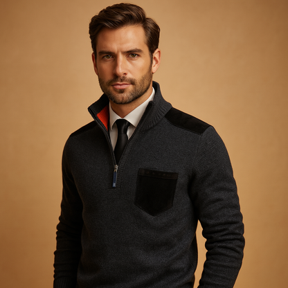 Men’s half-zip pullover sweater with an adjustable collar and chest pocket, ideal for work, leisure, and everyday wear in autumn and winter.