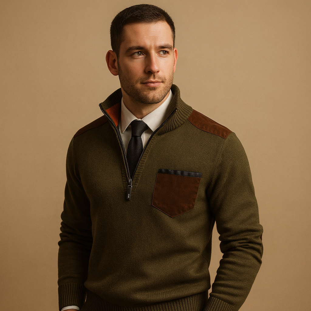 Men’s half-zip pullover with adjustable stand collar and chest pocket, perfect for autumn and winter work or leisure outfits.