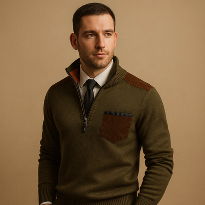 Men’s half-zip pullover with adjustable stand collar and chest pocket, perfect for autumn and winter work or leisure outfits.
