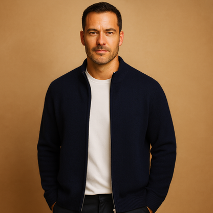 Men’s half-zip sweater with ribbed sleeves and a modern pattern, designed for warmth and everyday smart-casual autumn and winter outfits.