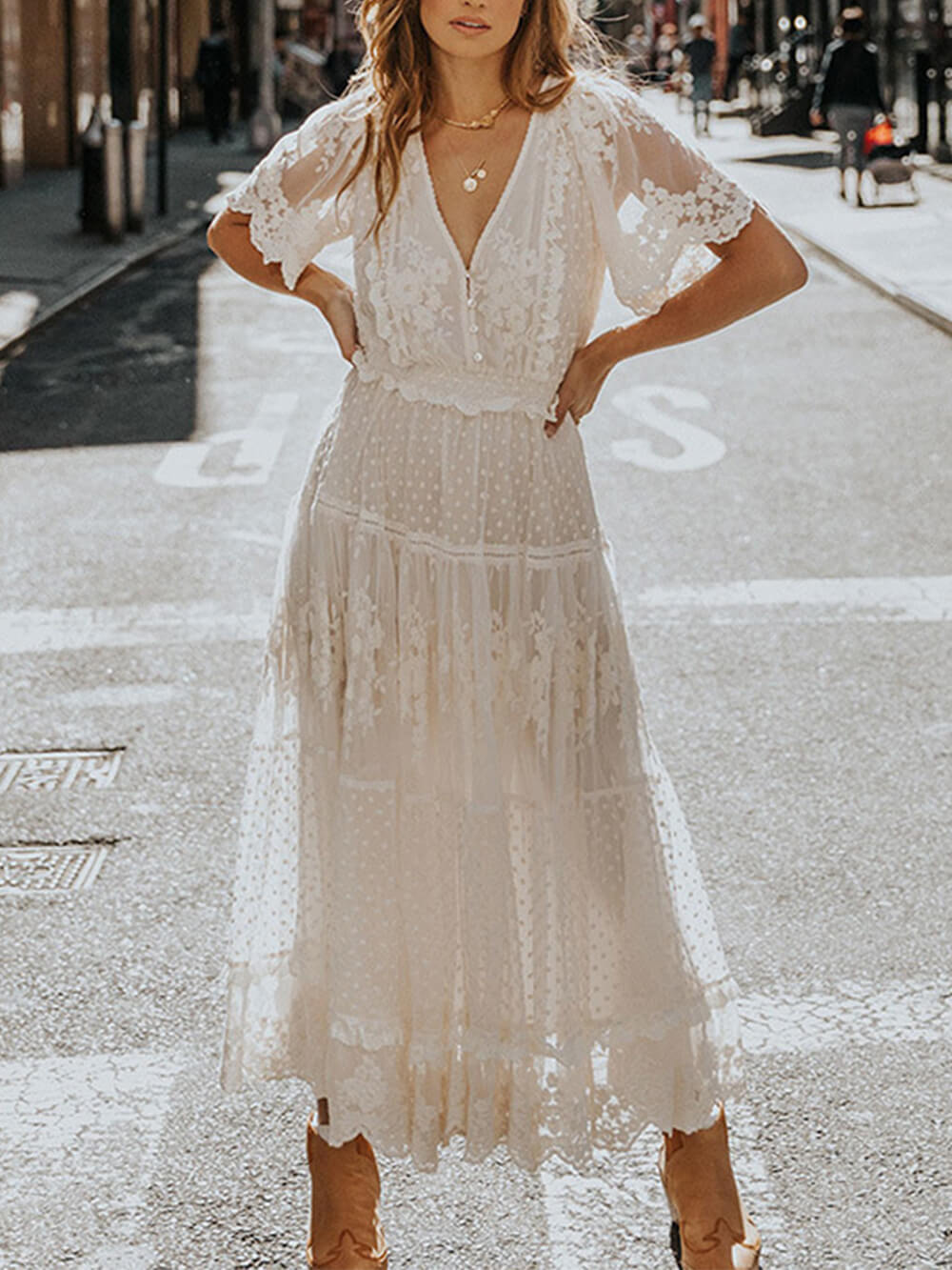Elegant Lace V-Neck Midi Dress for Women - Olytrend