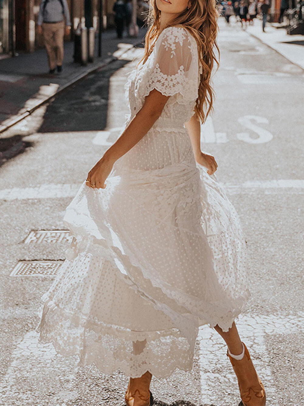 Image of Hazel | Women's V-Neck Lace A-Line Midi Dress